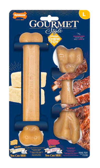 Nylabone Gourmet Style Strong Chew Bone & Femur Twin Pack Aged Cheddar & Baby Back Ribs L